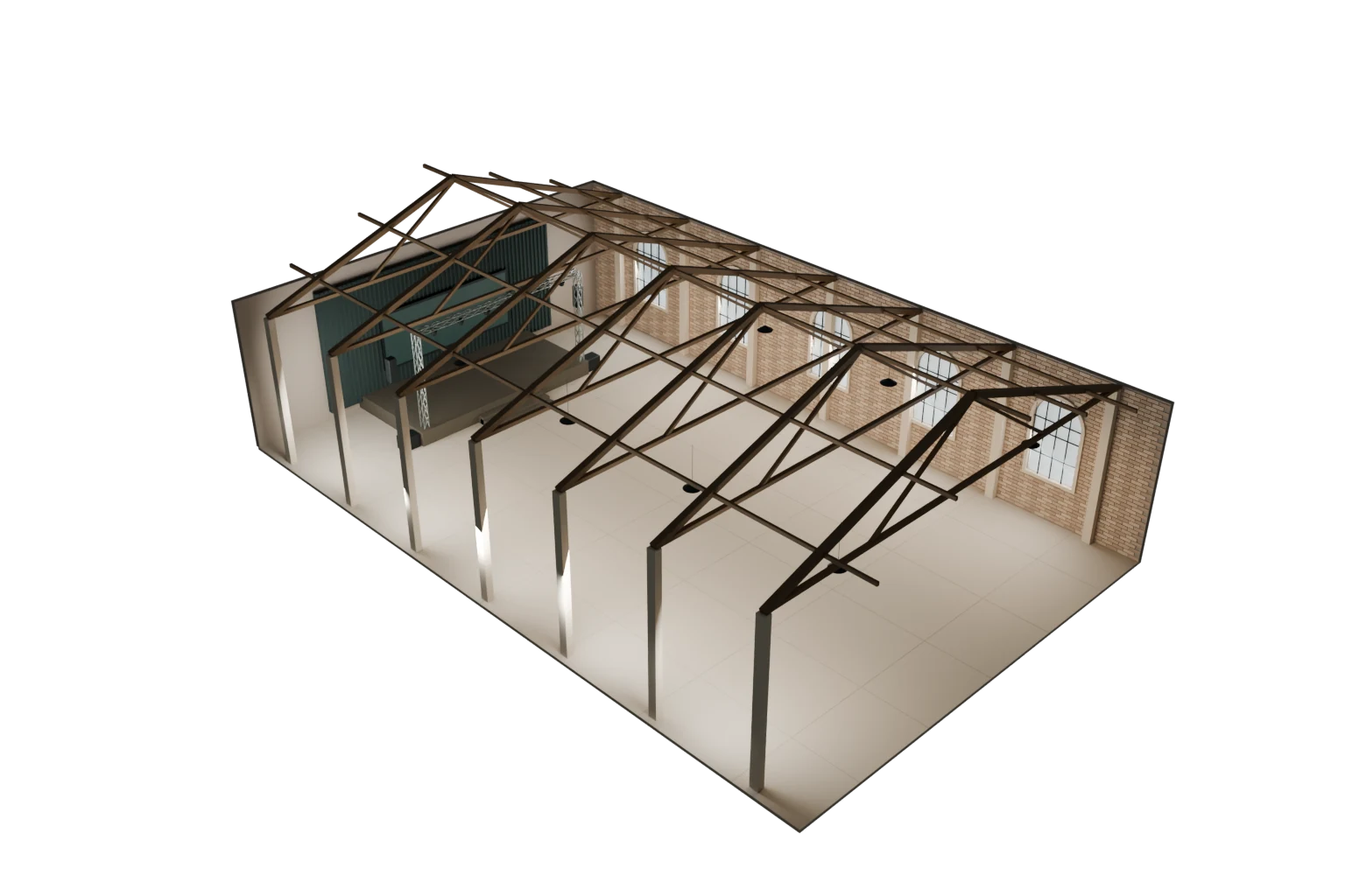 Architectural cutaway of the Foundry Hall venue model with its fixed stage