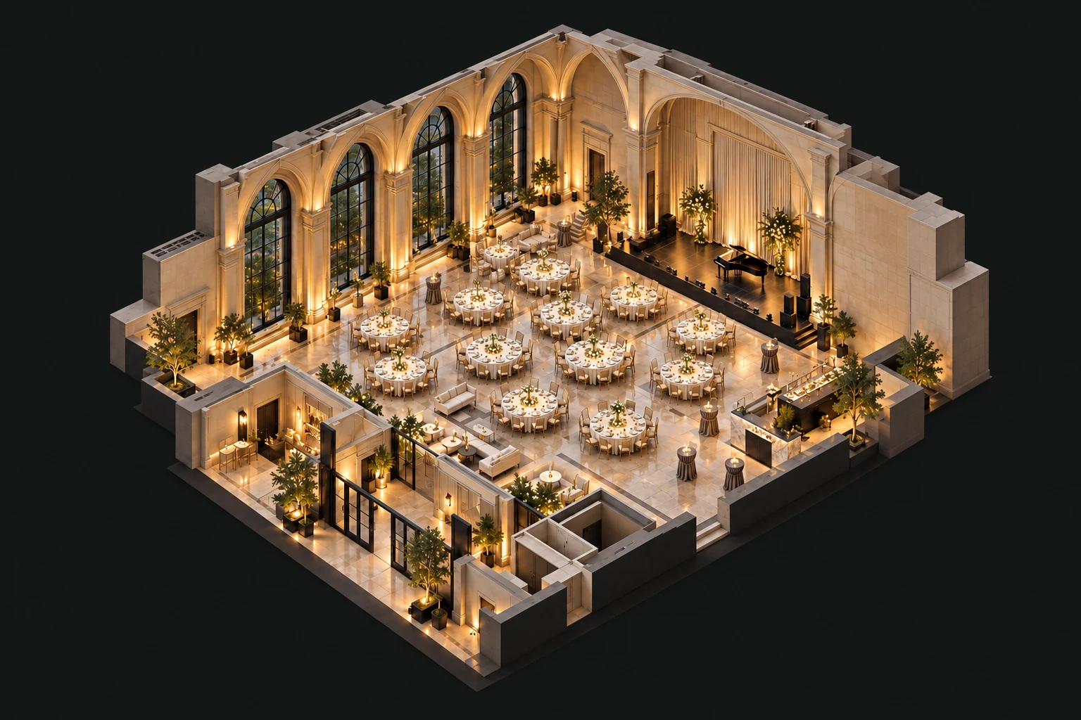 Isometric architectural study of an elegant event hall with gala tables and a stage